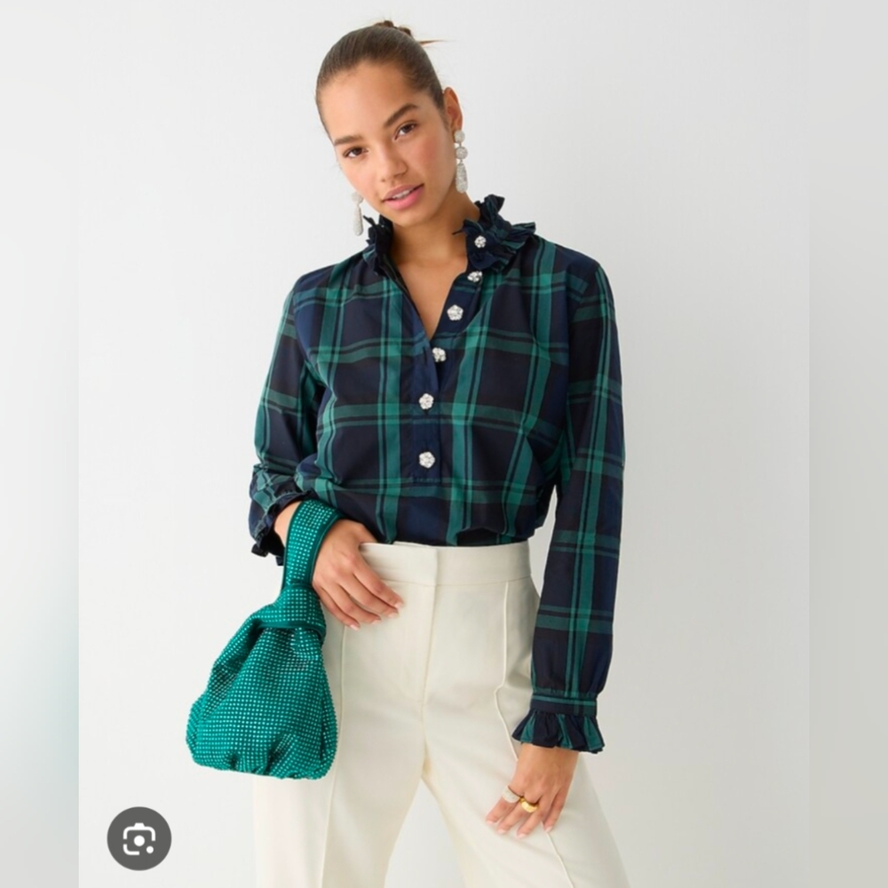 J.Crew Ruffleneck in Black Watch Tartan with Jewel Buttons